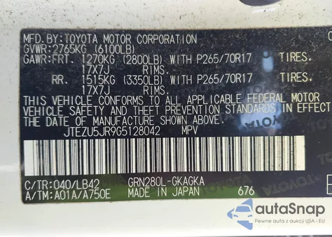 2016 Toyota 4Runner Sr5 Premium from USA, damaged, VIN JTEZU5JR9G5128042